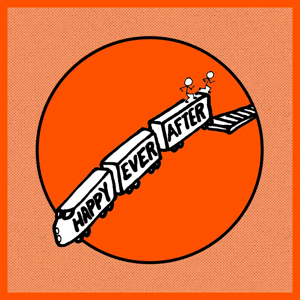 A train with the words Happy Ever After painted on it flies off the tracks an off a cliff with two people racing to jump off - Marriage of Growth