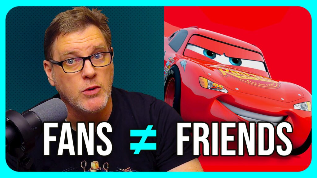 Brent Diggs beside Lightning McQueen, illustrating the difference between having fans and having real relationships.